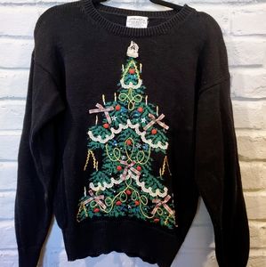 Vintage Christmas tree sweater small black green, buttons, ribbon, sequins